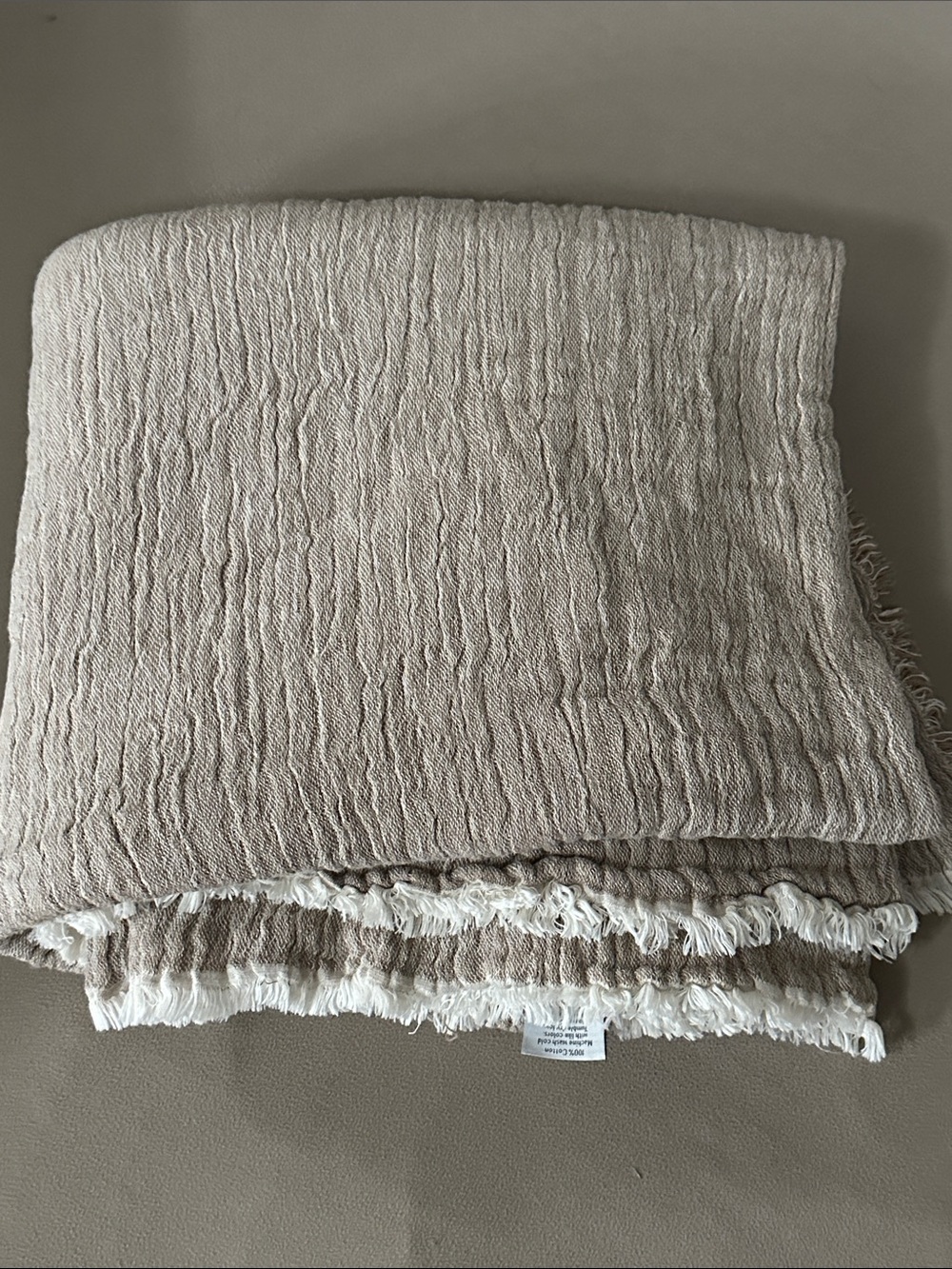 Neutral Beige Textured Cotton Throw Blanket with Fringe